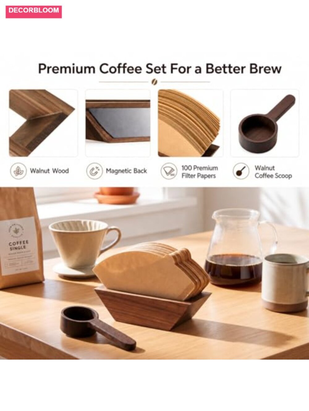 Magnetic Walnut Wood Coffee Filter Holder Set with 100 Filters & Spoon - Picture 4 of 6